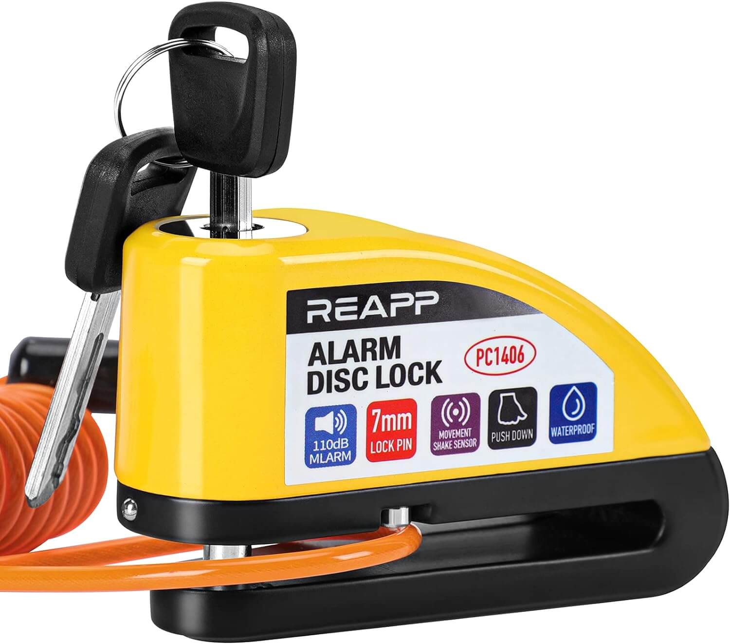 Candado de moto con alarma REAPP PC1406 amarillo con sensor de movimiento y cable recordatorio