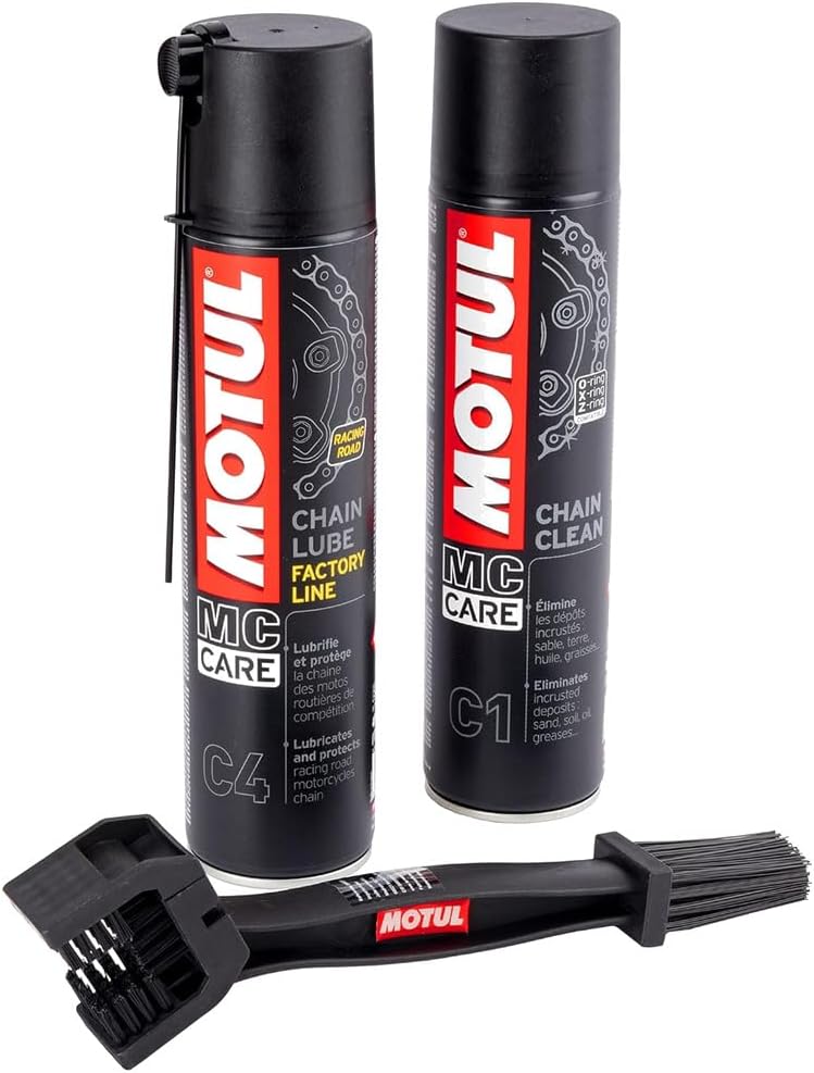 Kit de limpieza y engrase para cadena de moto Motul con lubricante, desengrasante y cepillo